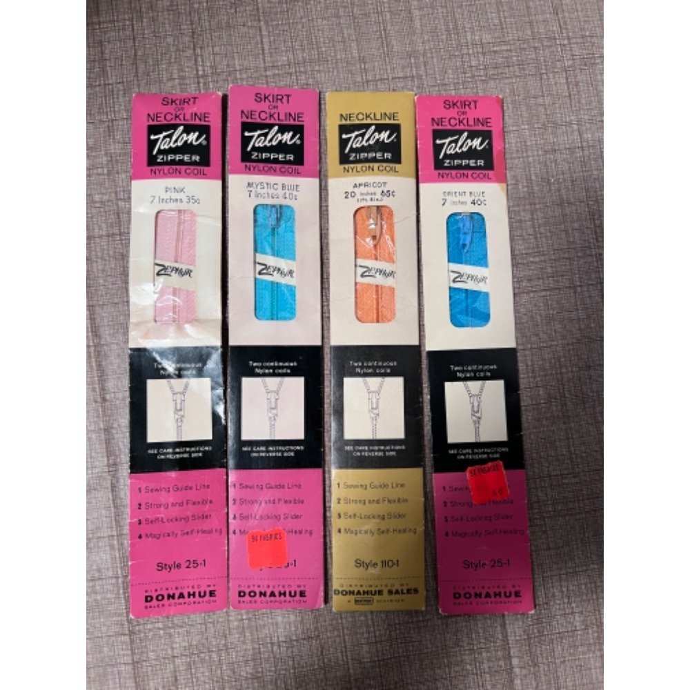 Vintage Talon Zephyr  Nylon Coil Zippers Lot of 4 Sewing Supplies Various Colors